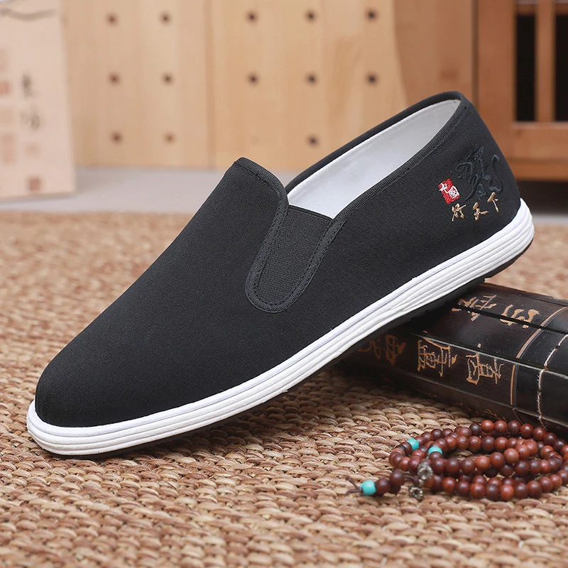 老北京千层底男鞋刺绣黑布鞋牛筋底防滑春秋一脚蹬单鞋休闲男款