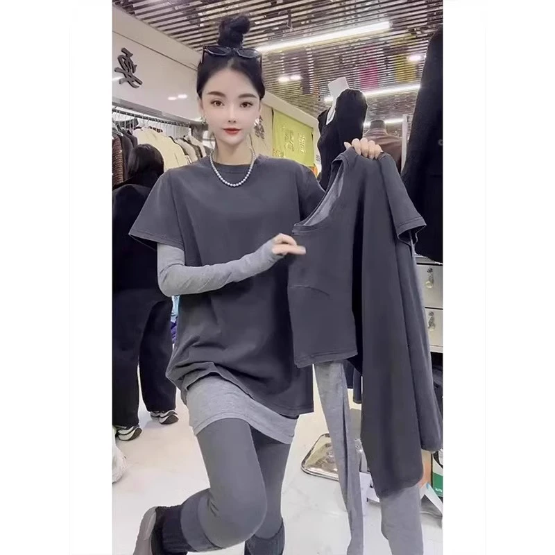 芊芊芙假两件长袖打底衫女早春新款韩系遮屁股中长款修身t恤上衣