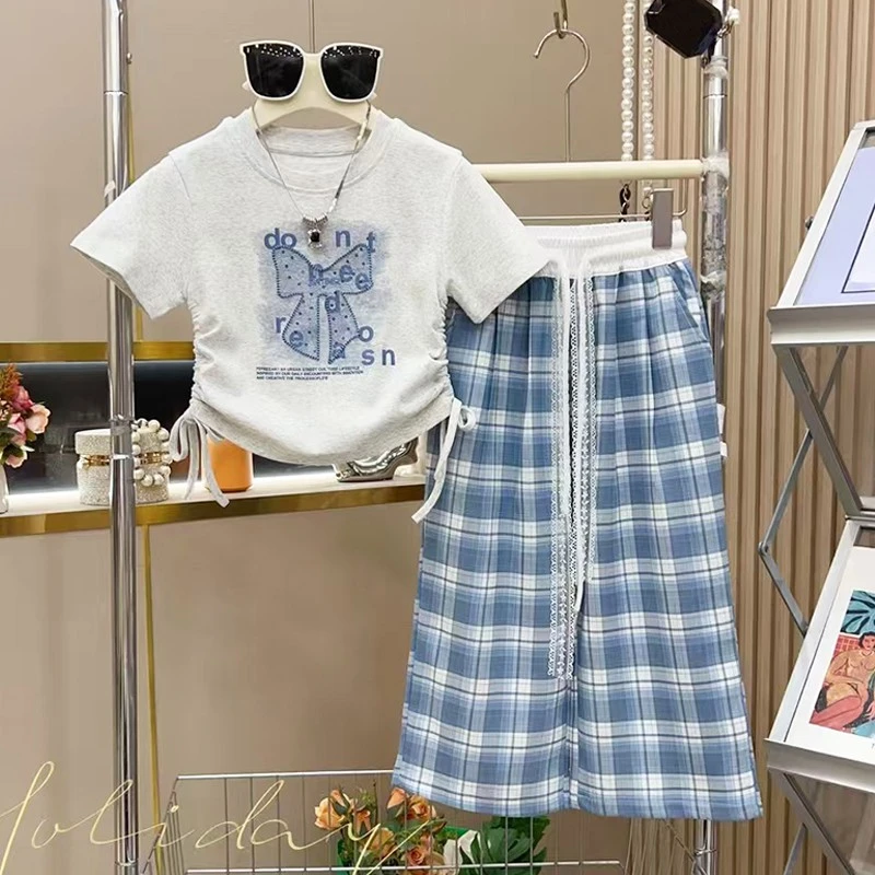 女童短袖T恤套装夏季2025新款儿童休闲夏装女孩格子阔腿裤两件套