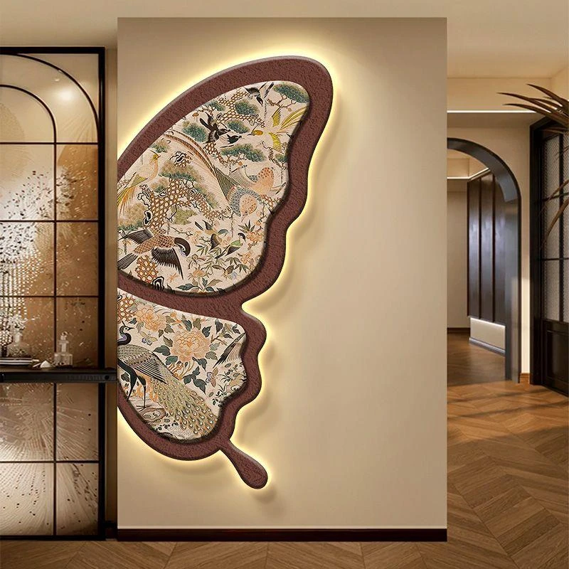 中古风入户玄关装饰画蝴蝶灯画法式轻奢复古走廊尽头壁画过道挂画