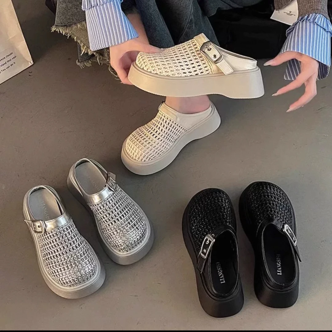 明星同款春夏2025爆款女拖鞋厚底百搭镂空透气皮带扣包头皮面半拖