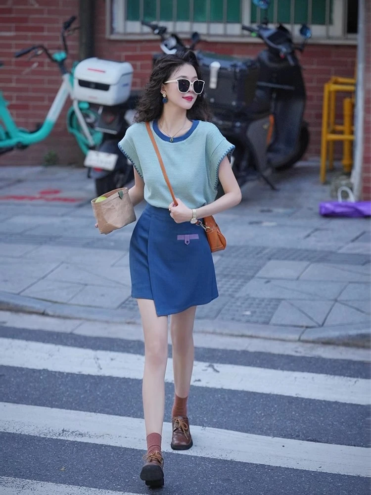 夏季套装女一整套2025夏季新款洋气减龄条纹短袖上衣半身裙两件套