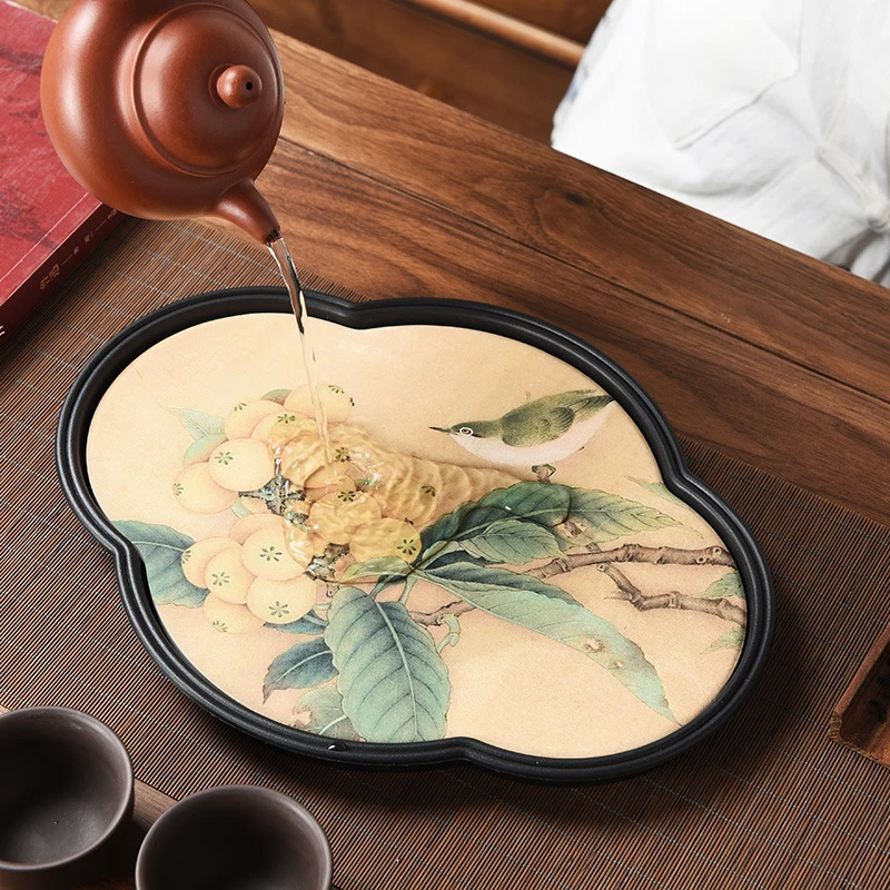 创意吸水茶盘中式国风速干海棠功夫茶具托盘茶台陶瓷家用木质