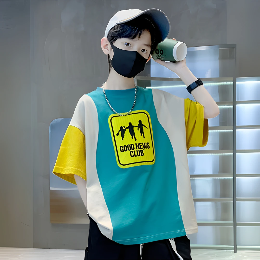 纯棉儿童衣服装男童短袖T恤男孩拼接撞色宽松运动风夏装潮牌童装