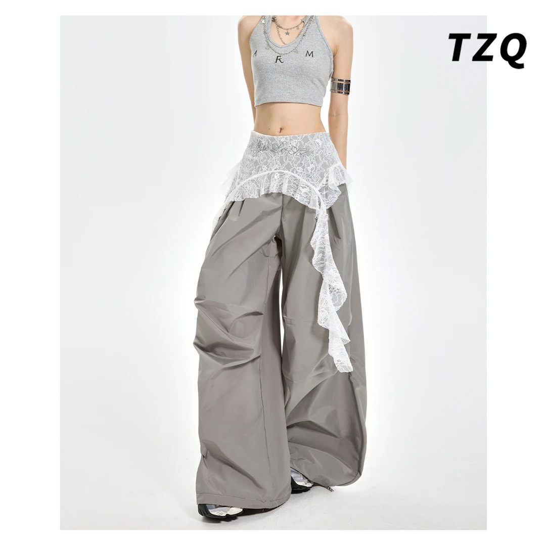 【周周专属】蕾丝拼接休闲裤女褶皱宽松速干弯刀裤子TZQ2542601