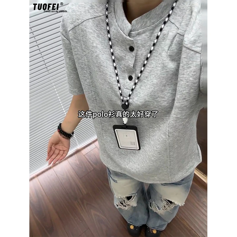 浅灰色解构亨利领重磅短袖T恤男夏季潮牌boxy半袖痞帅宽松五分袖