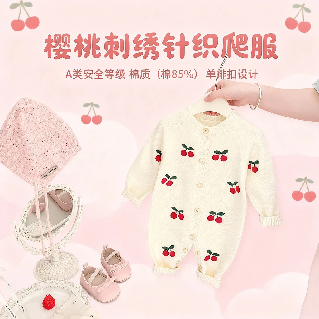 婴儿周岁秋季小月龄宝宝樱桃连体衣秋装针织毛衣包屁衣洋气外出服