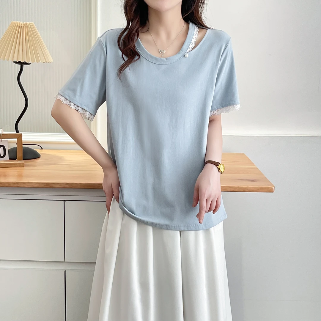 微胖显瘦夏季新款镂空蕾丝花边高档宽松短袖T恤女设计感半袖上衣