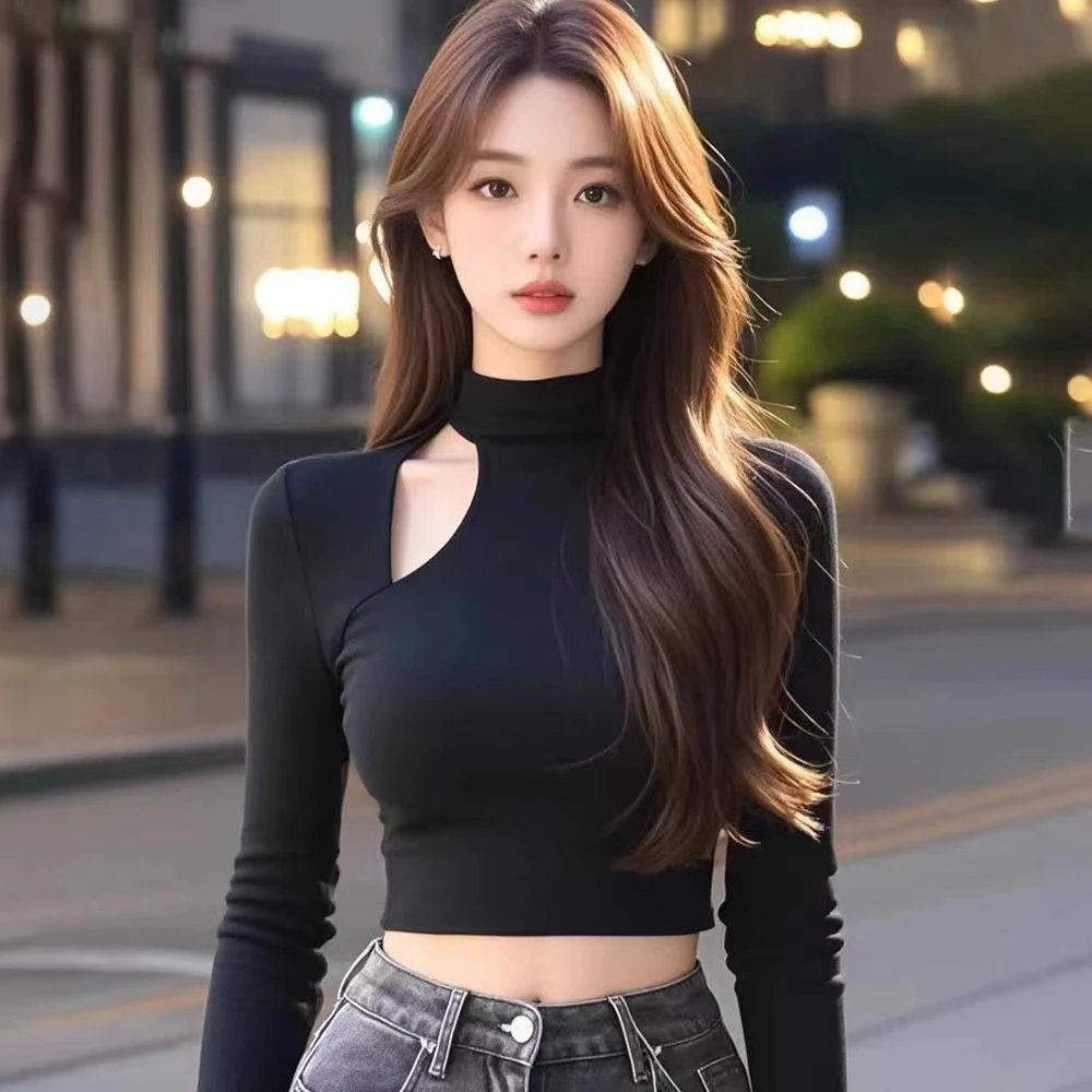 秋冬甜辣妹磨毛加绒镂空半高领打底衫女内搭设计感修身短款上衣