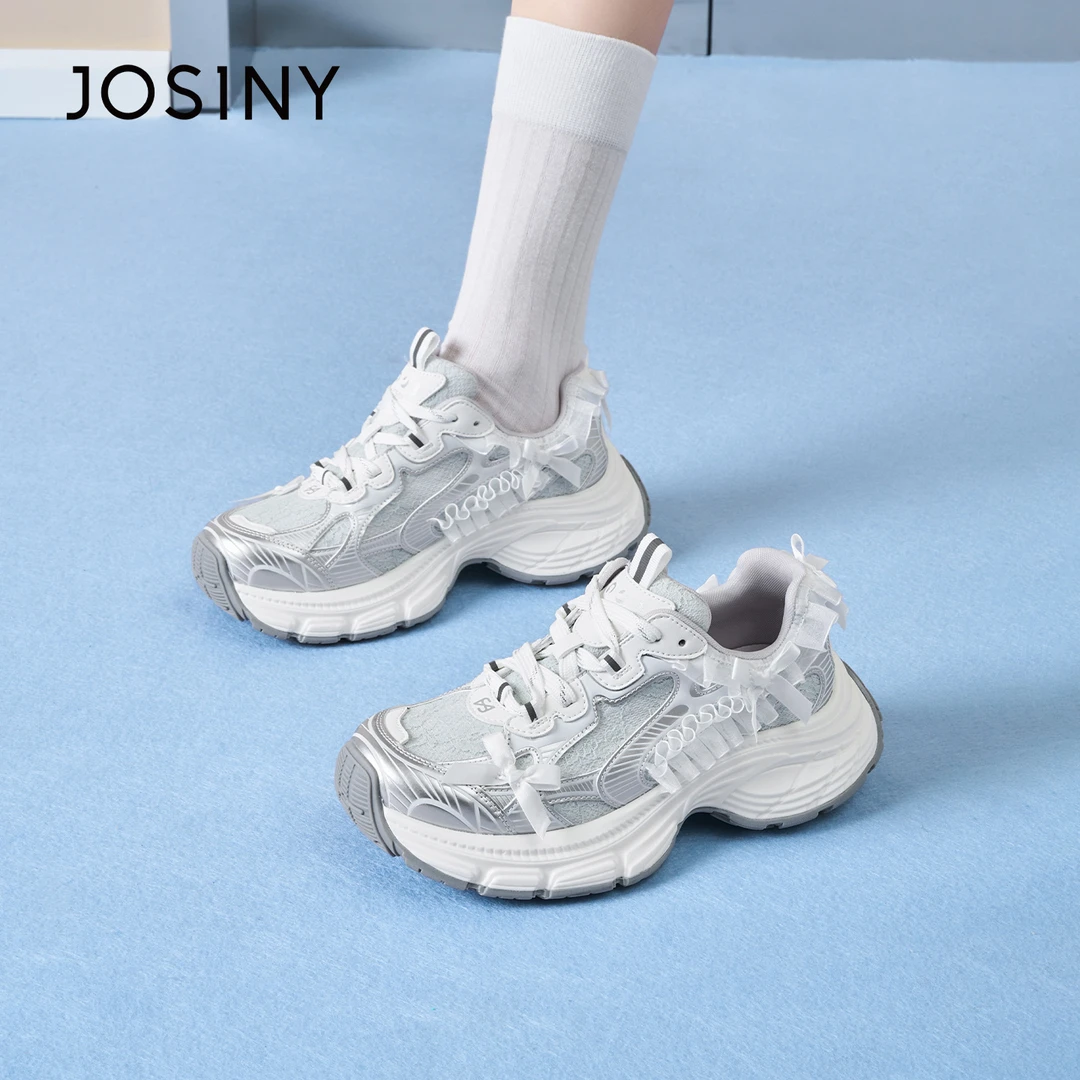 卓诗尼厚底老爹鞋女2025秋季新款增高蝴蝶结蕾丝休闲运动小白鞋