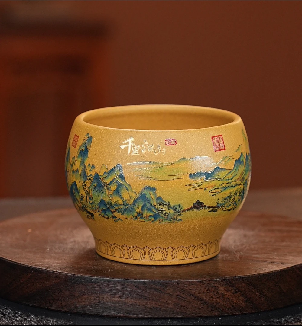 宜兴原矿紫砂杯全手工描金珐琅彩千里江山主人杯大缸杯朱永良