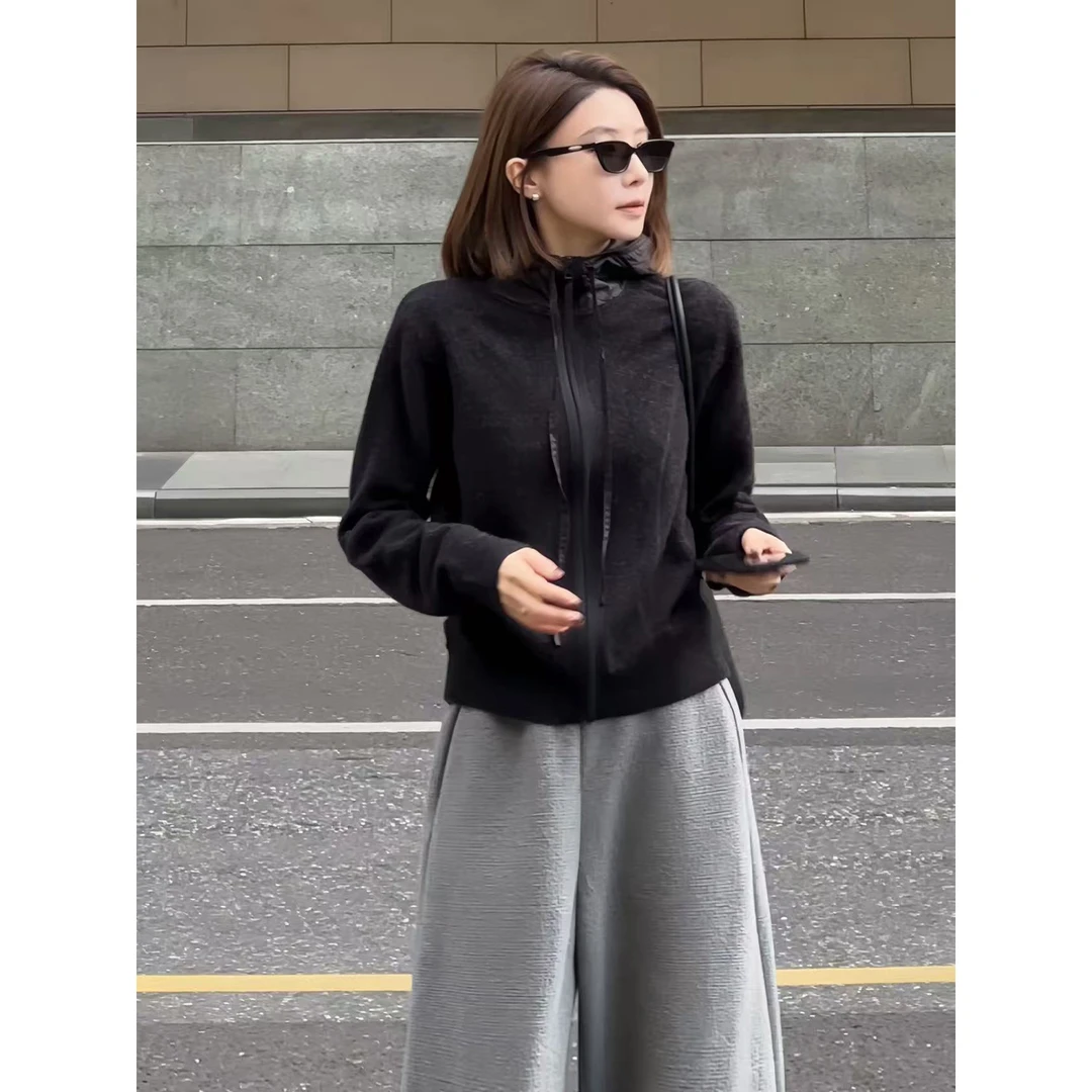 【老板周】休闲松弛 秋冬新品连帽拼接针织开衫拉链外套