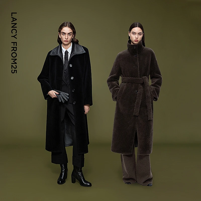 朗姿羊毛立领廓形老钱风气质毛绒外套优雅毛绒大衣2025年冬季新款