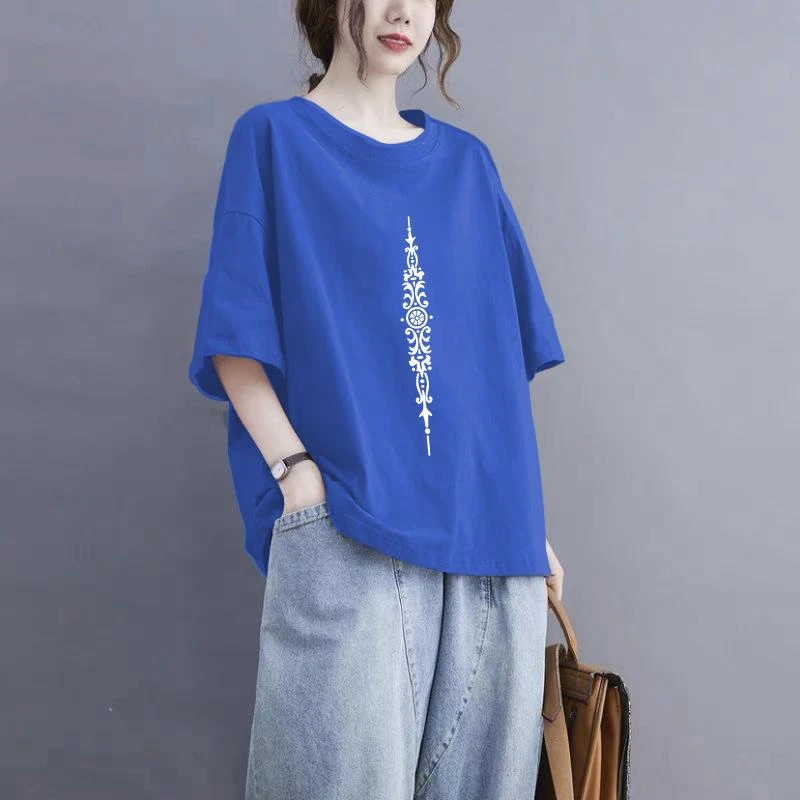 100%棉短袖T恤女夏季印花大码显瘦宽松休闲半袖韩版百搭圆领上衣