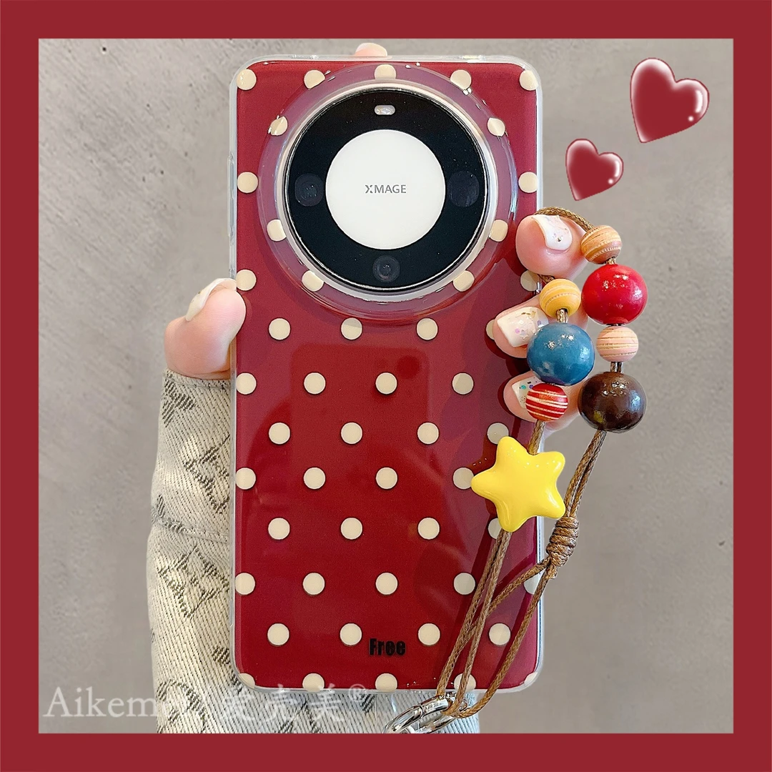 适用华为mate70pro+手机壳红底黄波点mate60pro+星星木质棕珠手链