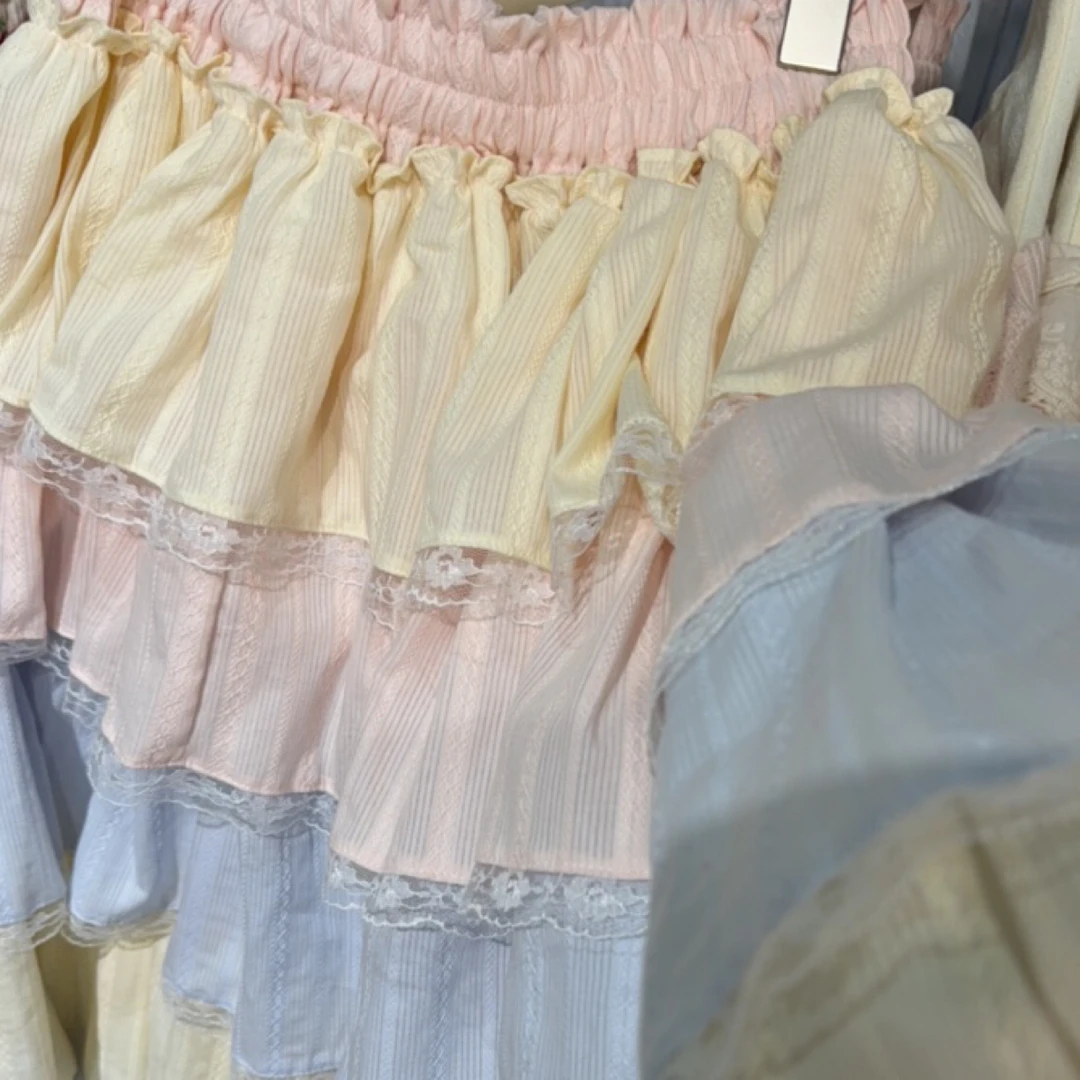 三色彩虹黄粉蓝蕾丝五层纯棉甜美可爱手工半身裙