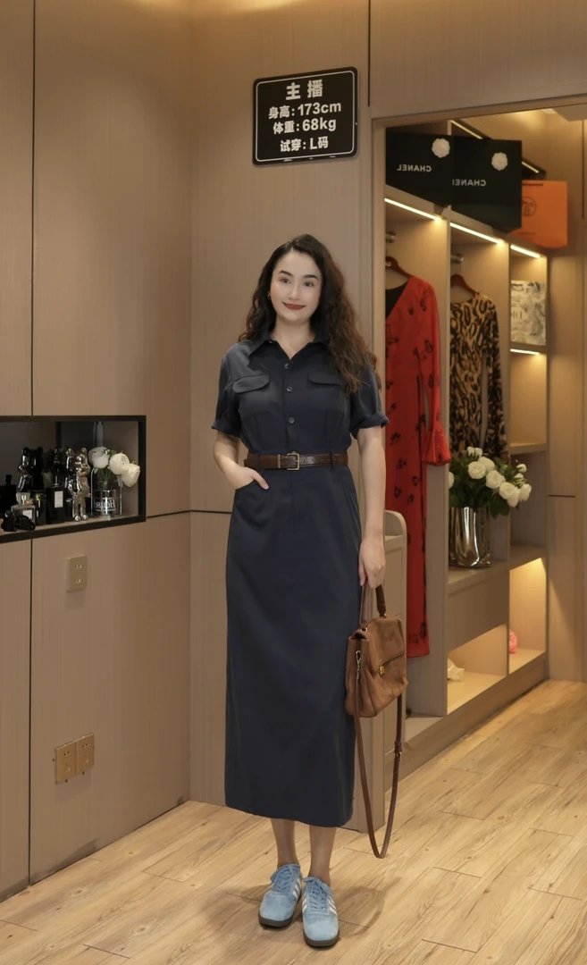 8079款夏季新款通勤时尚翻领高腰工装风中长连衣裙显瘦女