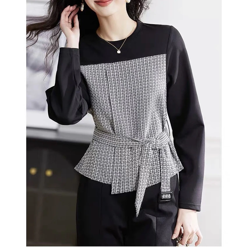 黑色拼接假两件长袖衬衫女初短款修身收腰掐腰制服衬衣上衣