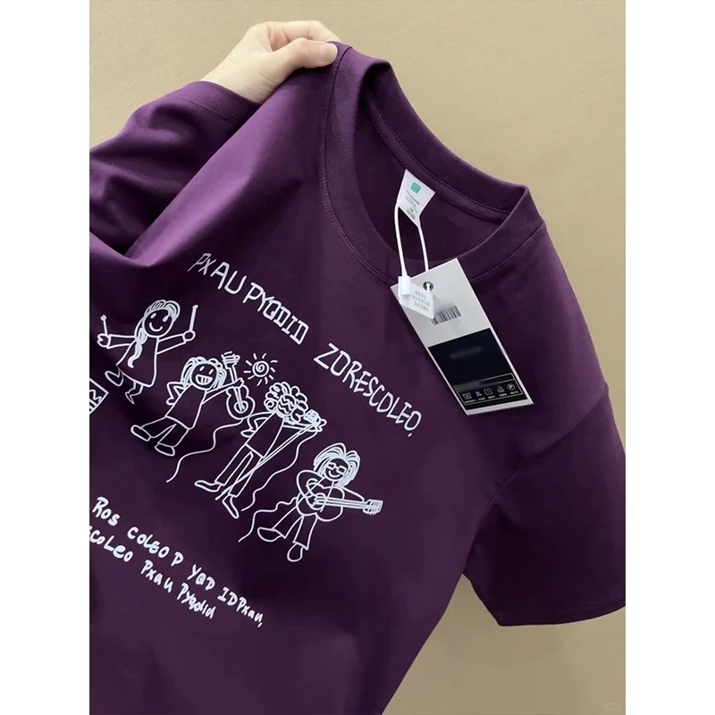 葡萄紫个性涂鸦印花纯棉T恤男夏季重磅显白夏季短袖男女同款打底