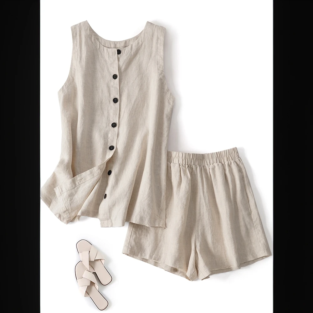 时尚简约套装女夏宽松小个子无袖背心上衣休闲阔腿短裤棉麻两件套