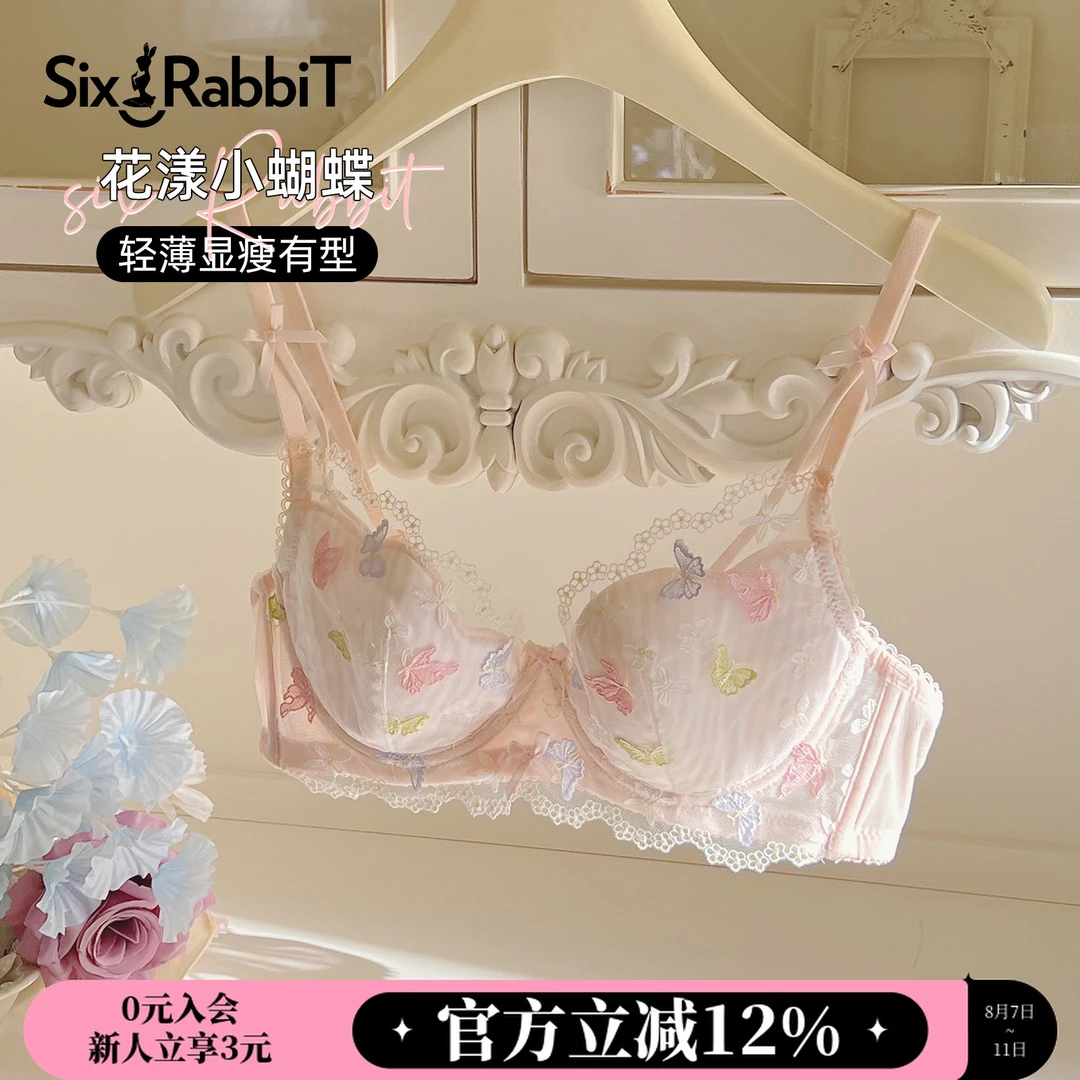 六只兔子小蝴蝶内衣聚拢大胸显小轻薄显瘦刺绣蕾丝胸罩夏季套装