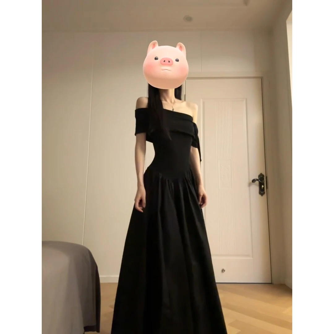 MARIE.COCO法式一字肩飘带黑色连衣裙女夏季御姐气质收腰大摆长裙