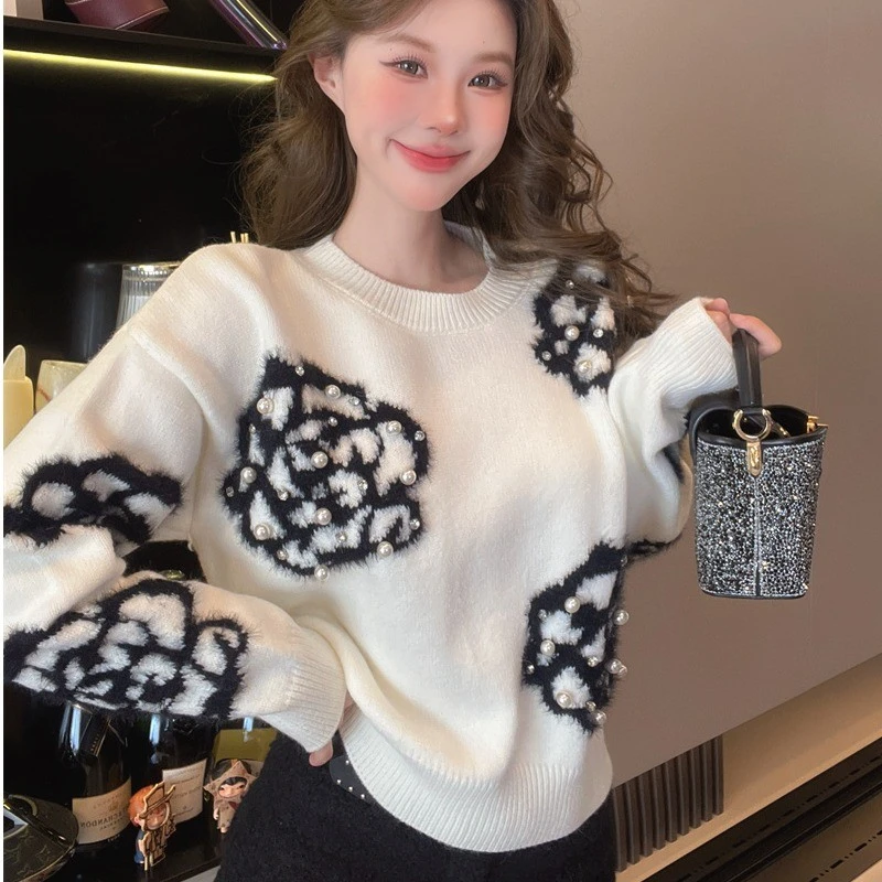 小香风钉珠过年毛衣女秋冬慵懒风高级感毛毛上衣可外穿打底衫内搭