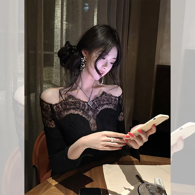 独特漂亮内搭黑色蕾丝针织小衫女装秋冬洋气高贵百搭一字肩上衣服