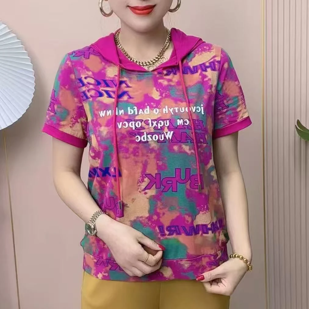 拼接耐磨连帽短袖常规休闲风T恤带帽休闲显瘦韩版洋气花色上衣