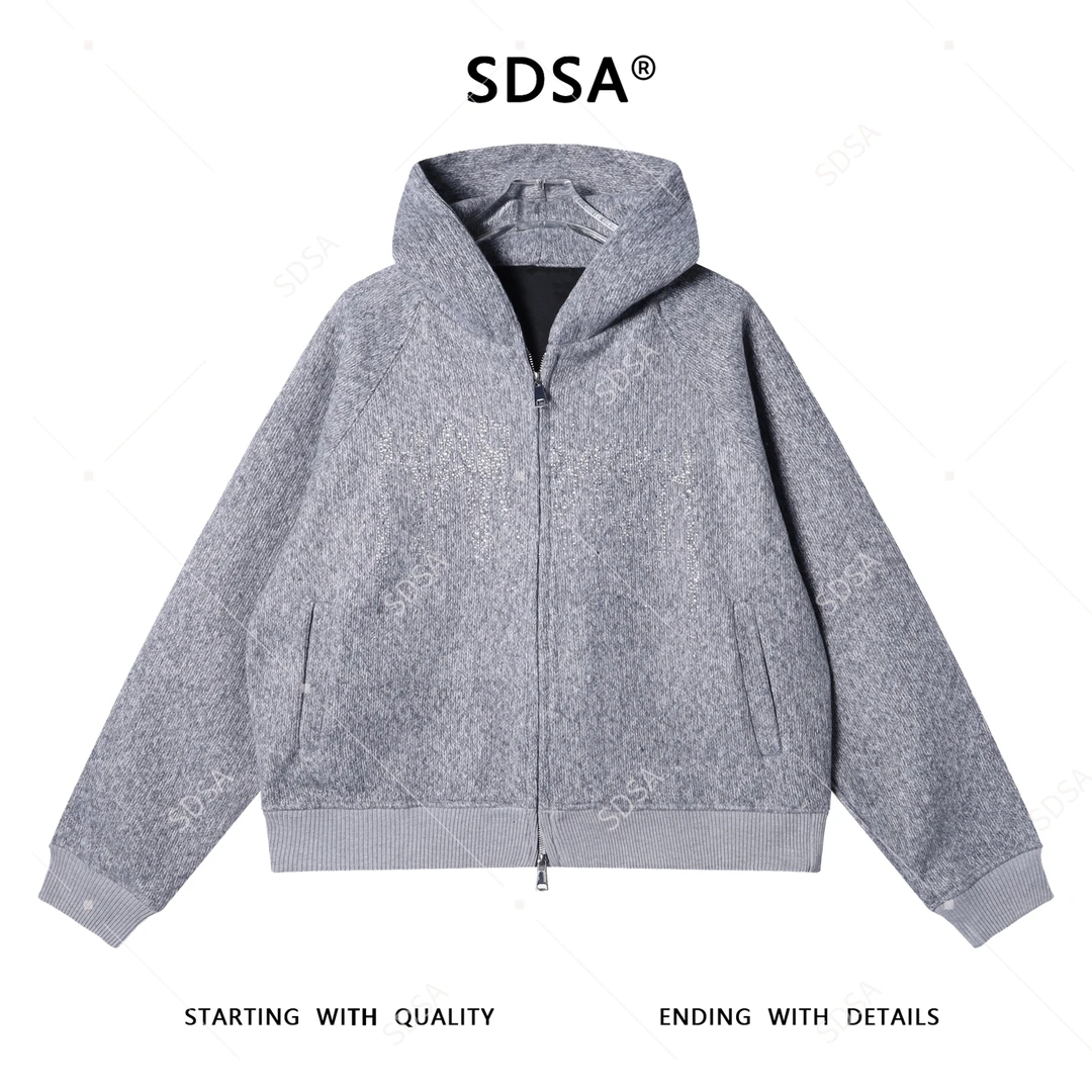 SDSA男士秋冬新款痞帅男装时尚简约烫钻拉链连帽针织卫衣外套百搭