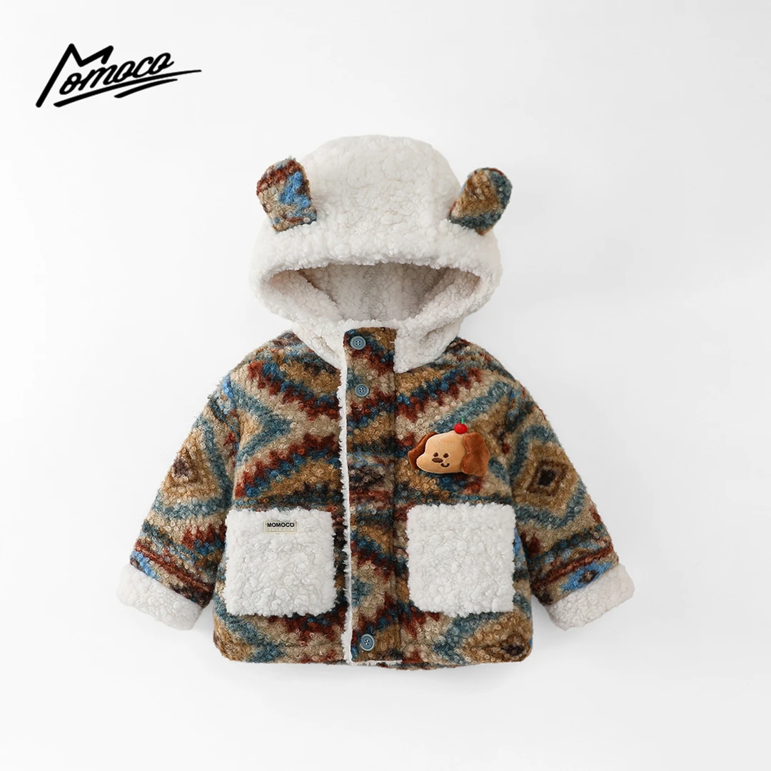 MOMOCO冬季男童休闲百搭玩偶毛毛外套加绒厚款连帽77430123053