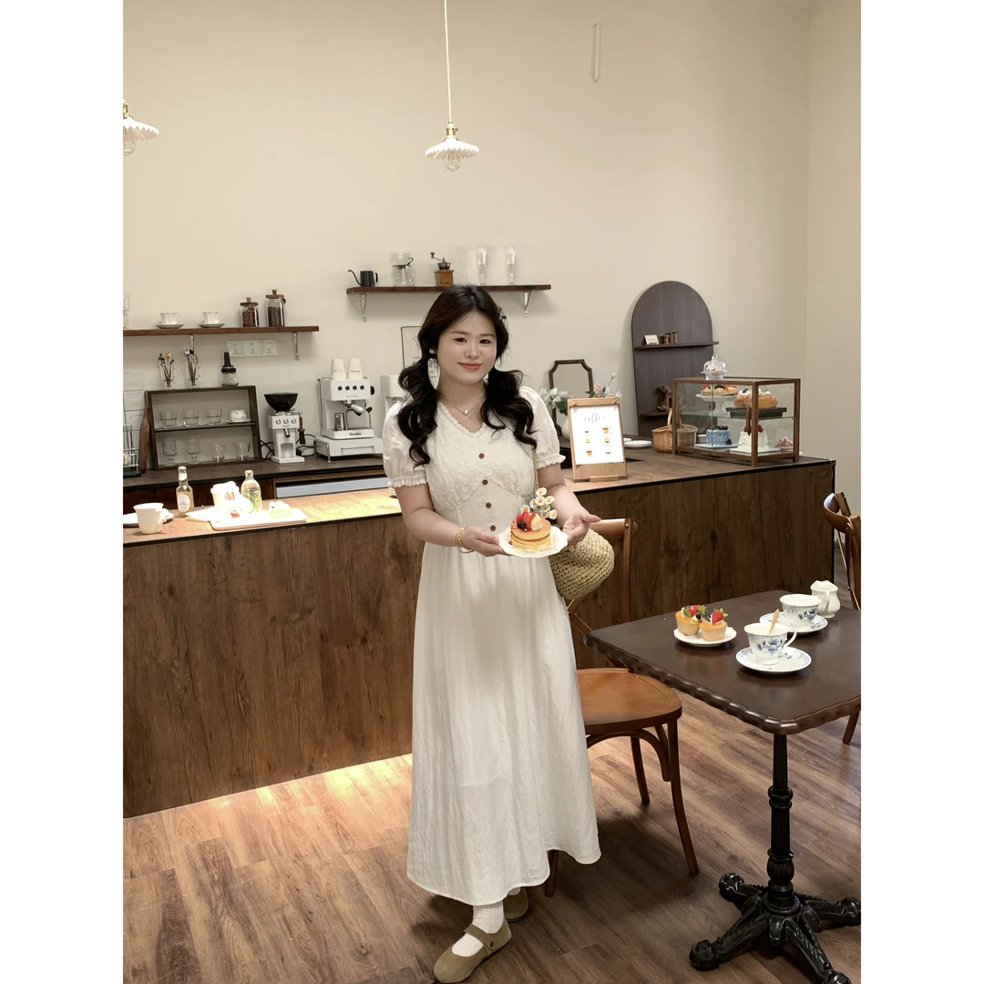 【皖白雪落】大头婷丫丫微胖定制法式花边V领拼接蕾丝时尚连衣长裙