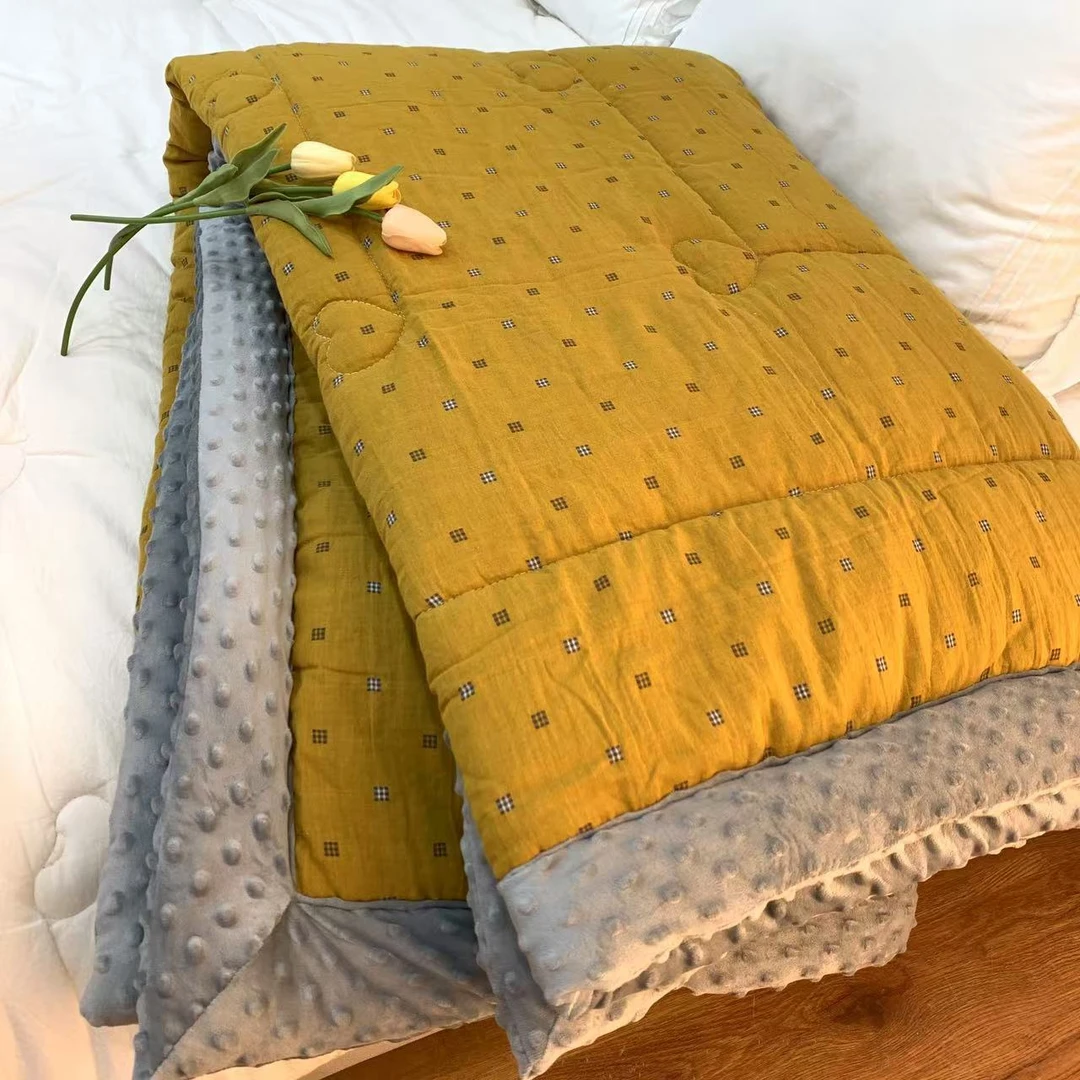 【花妍黄】双人加厚全棉色织双层纱豆豆被！填充大豆纤维！