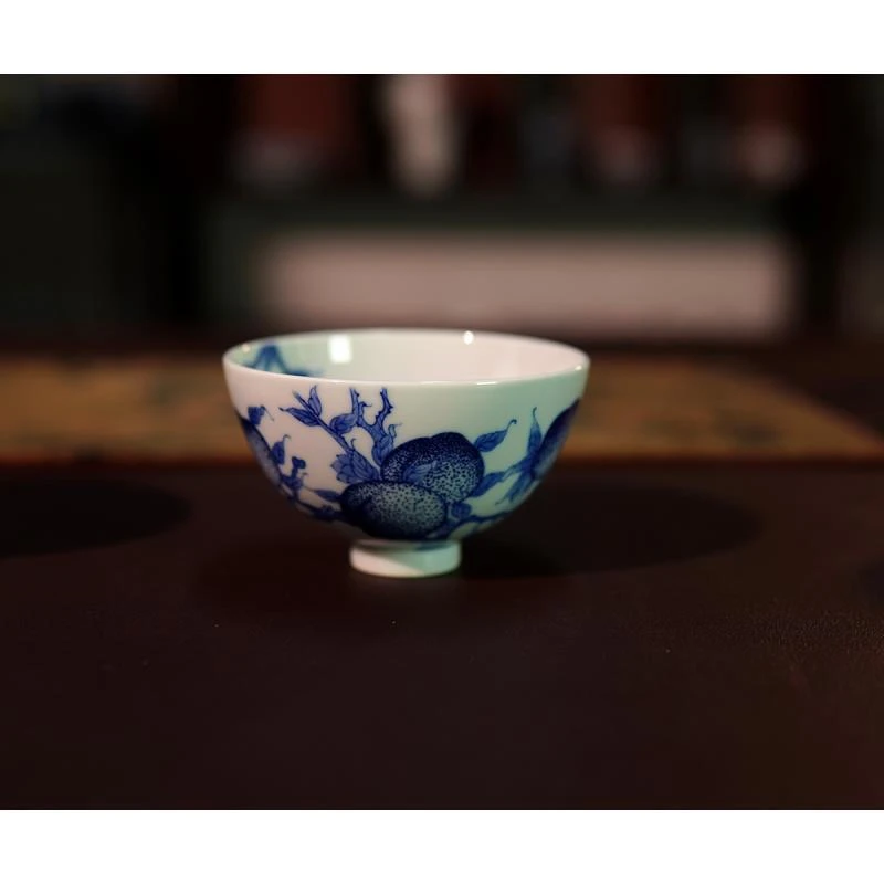 全手工全手绘柴窑青花点工九桃鸡心杯-100毫升