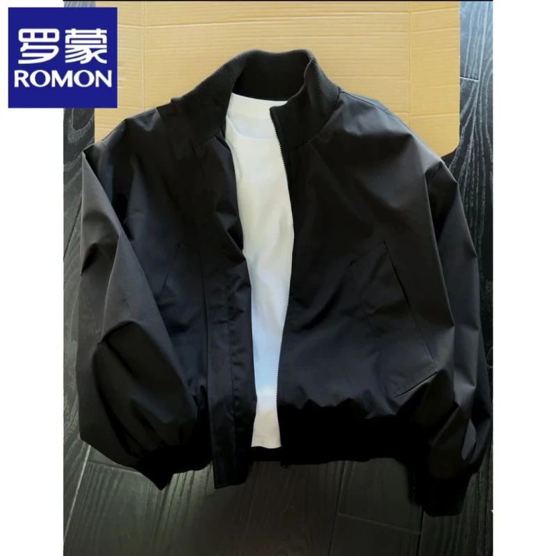 罗蒙纯色2025秋季立领新款商务外套百搭休闲复古宽松运动夹克男士