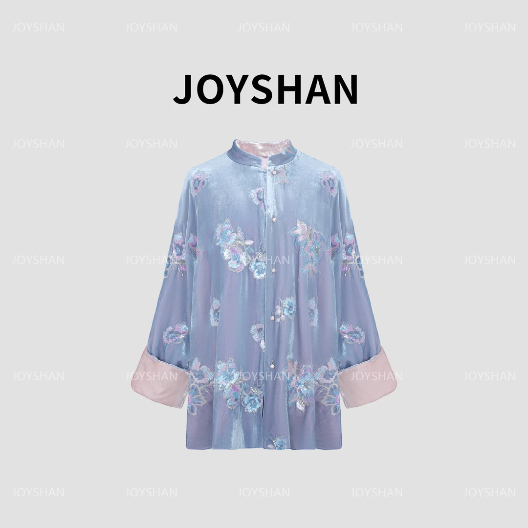 JOY SHAN-2025秋款新款新中式100桑蚕丝浅蓝色亮片丝绒上衣外套