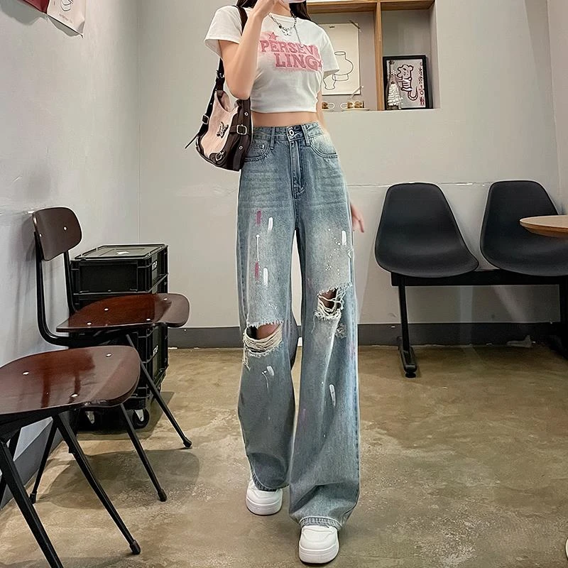 破洞直筒牛仔裤女夏季薄款2025新款设计感涂鸦显瘦小个子阔腿裤子