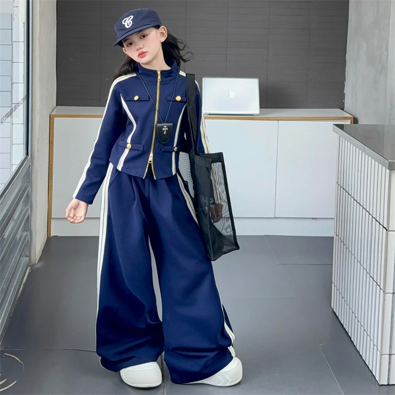 女童韩版4粒扣子双织带套装春秋2025钉扣设计外套中大童运动两件