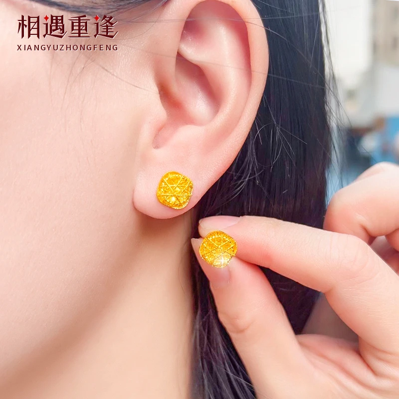 小方糖黄金耳钉女999足金爆闪耳环耳饰送女友老婆情人节生日礼物