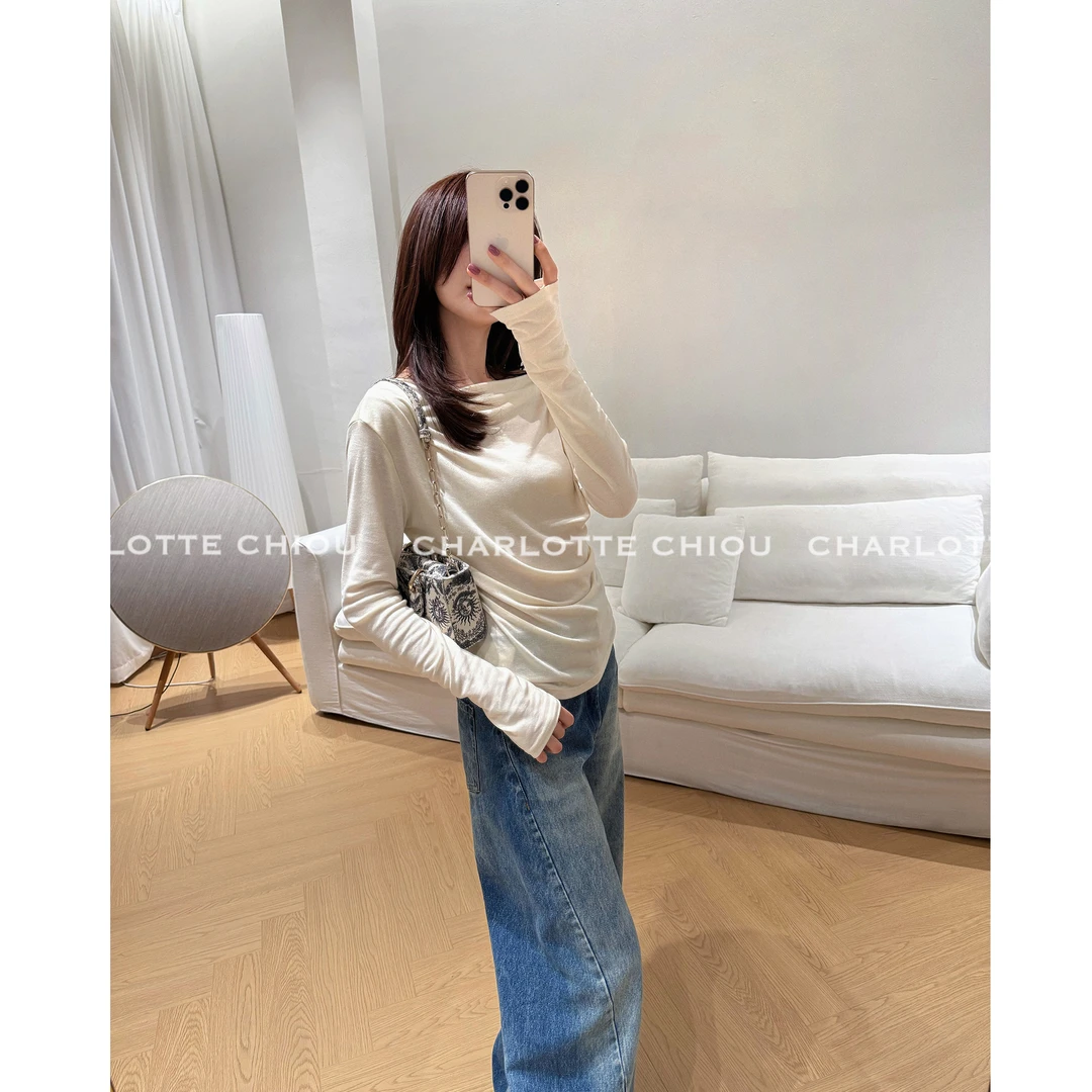 CHARLOTTE CHIOU自然流动  天丝羊毛不规则荡领知性气质针织长袖