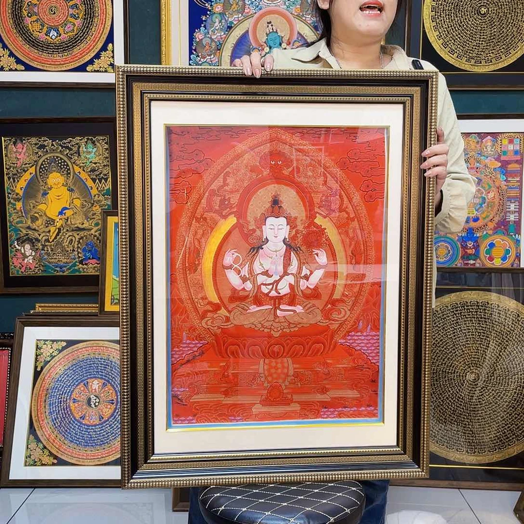卷轴画手绘唐卡 四臂观带框