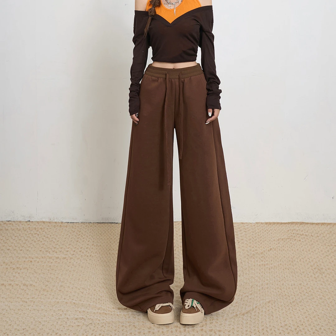 POYZ棕色百搭抽绳松紧腰运动裤女美式复古高腰阔腿宽松显瘦直筒裤
