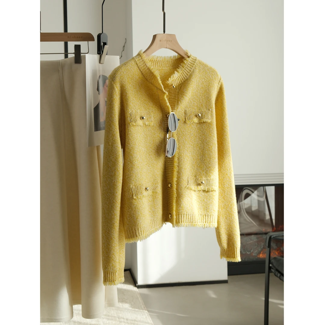 奢感小香风夹色针织开衫外套 法式复古慵懒毛衣 云柔花纱加厚粗针