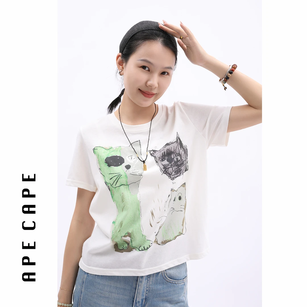 APE CAPE【素描】抽象文艺短袖T恤女 夏季雪花棉猫咪印花短袖T恤女