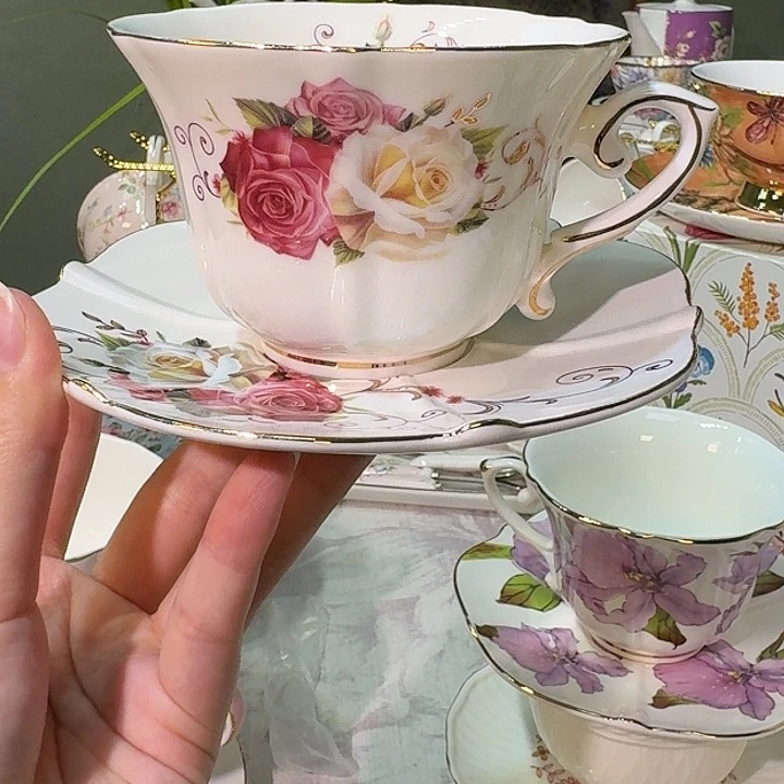 瓷六角杯碟 玫瑰花 咖啡杯下午茶