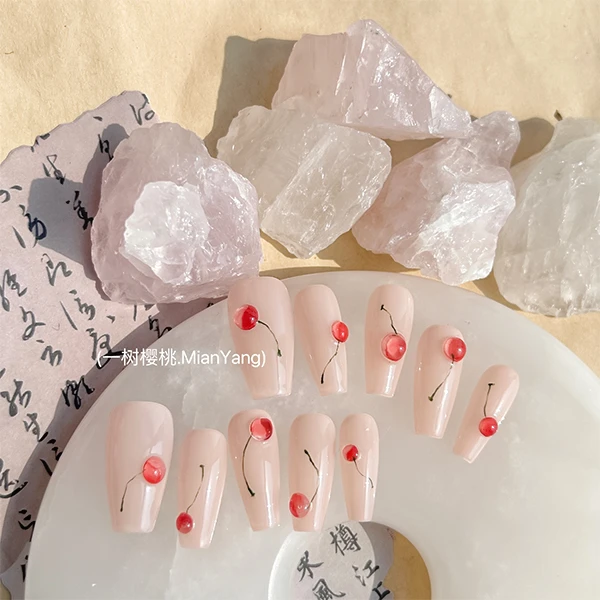【一树樱桃】新春款3D立体樱桃美甲新中式中国风简约纯手工穿戴甲片