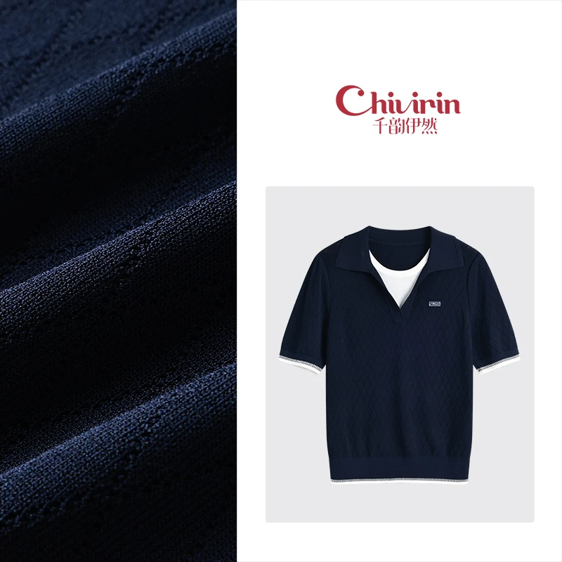 【千韵伊然】休闲风气质显瘦时尚设计感藏青色针织衫上衣0325