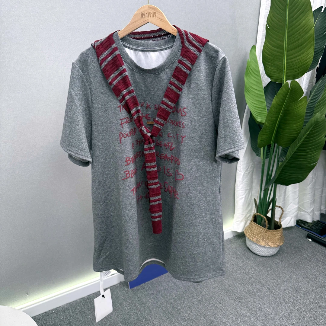 胖倩倩大码女装秋款潮流时尚休闲显瘦弹力披肩发泡印半袖T恤