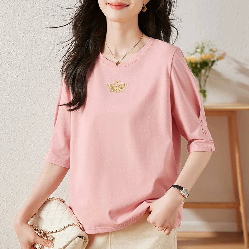 2025夏季新款七分袖纯棉T恤天鹅刺绣气质百搭上衣宽松遮肉中袖女