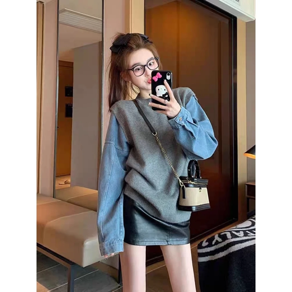 【婷婷专属】秋季新款牛仔拼接设计感假两件圆领套头针织82276#0.1